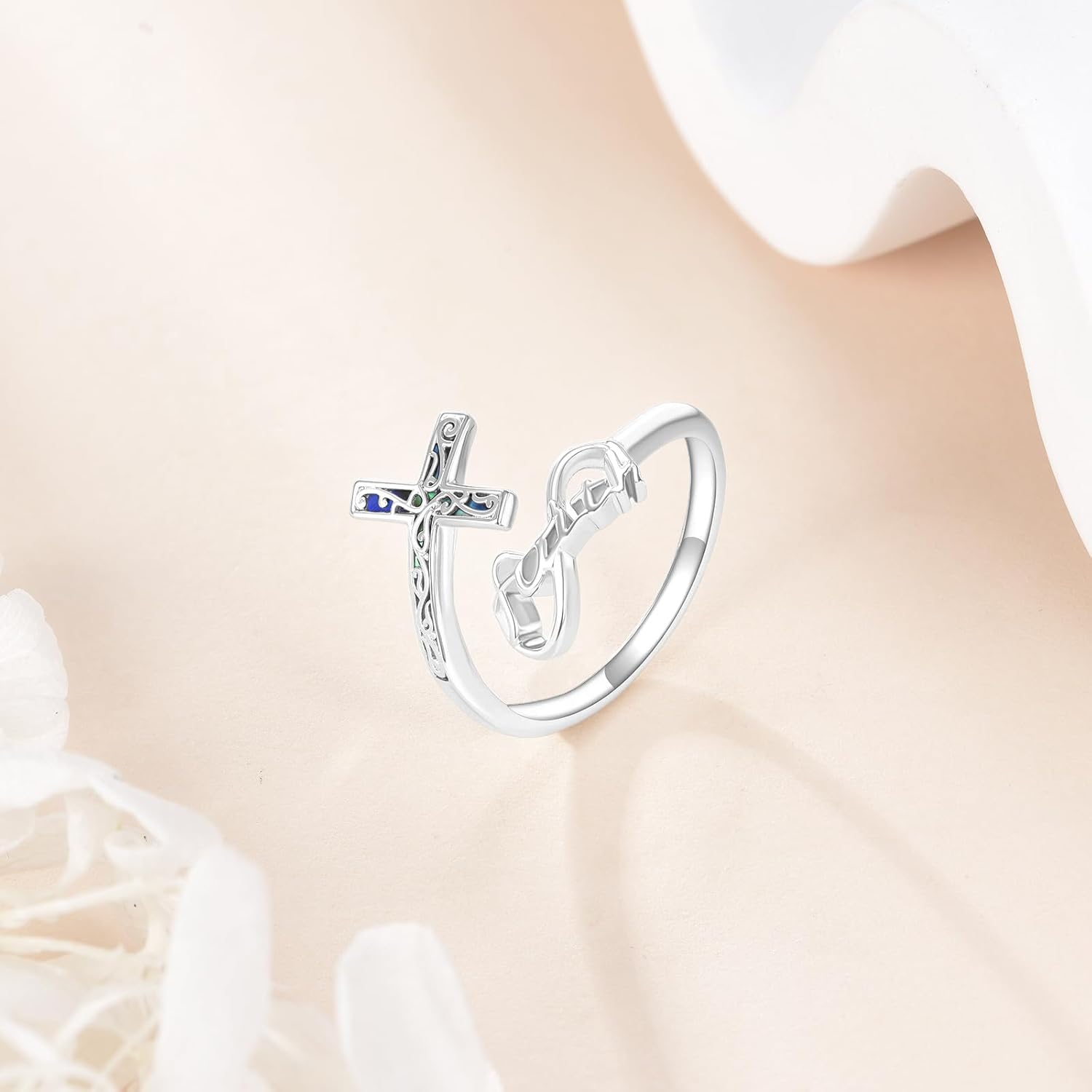 URONE Cross Ring for Women 925 Sterling Silver Infinity Cross Faith Ring Religious Adjustable Jewelry Gift - Image 3