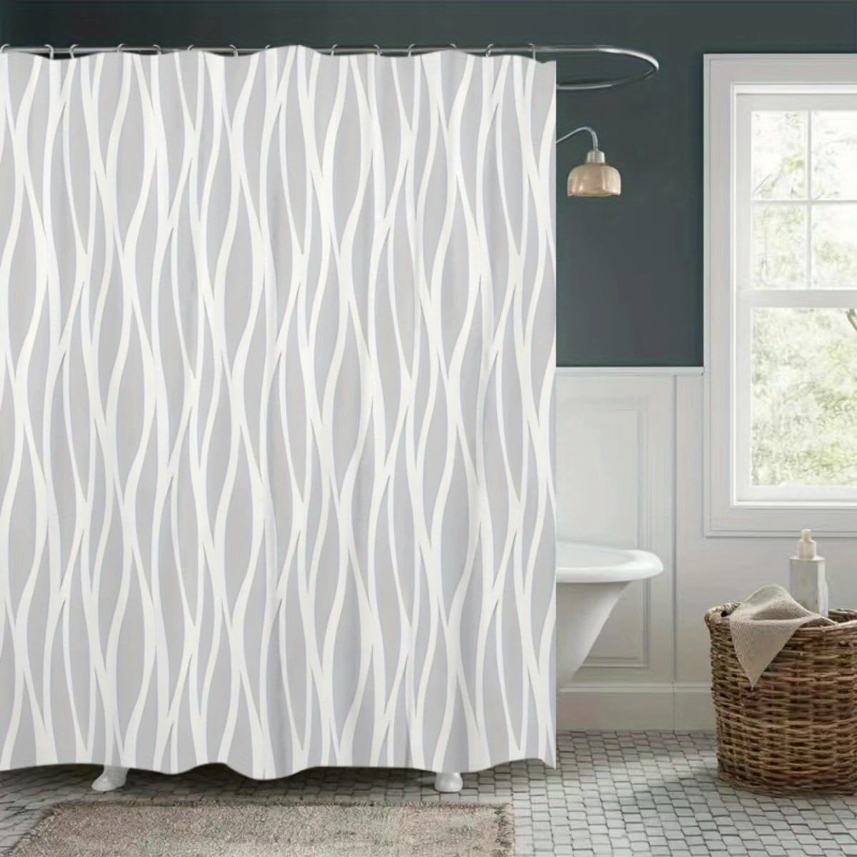 Grauer Polyester-Duschvorhang mit Wellenstruktur – Maschinenwaschbare Badezimmerdekoration mit Wellenmuster für Moderne Wohnungen 190x260cm(Breite x Höhe)
