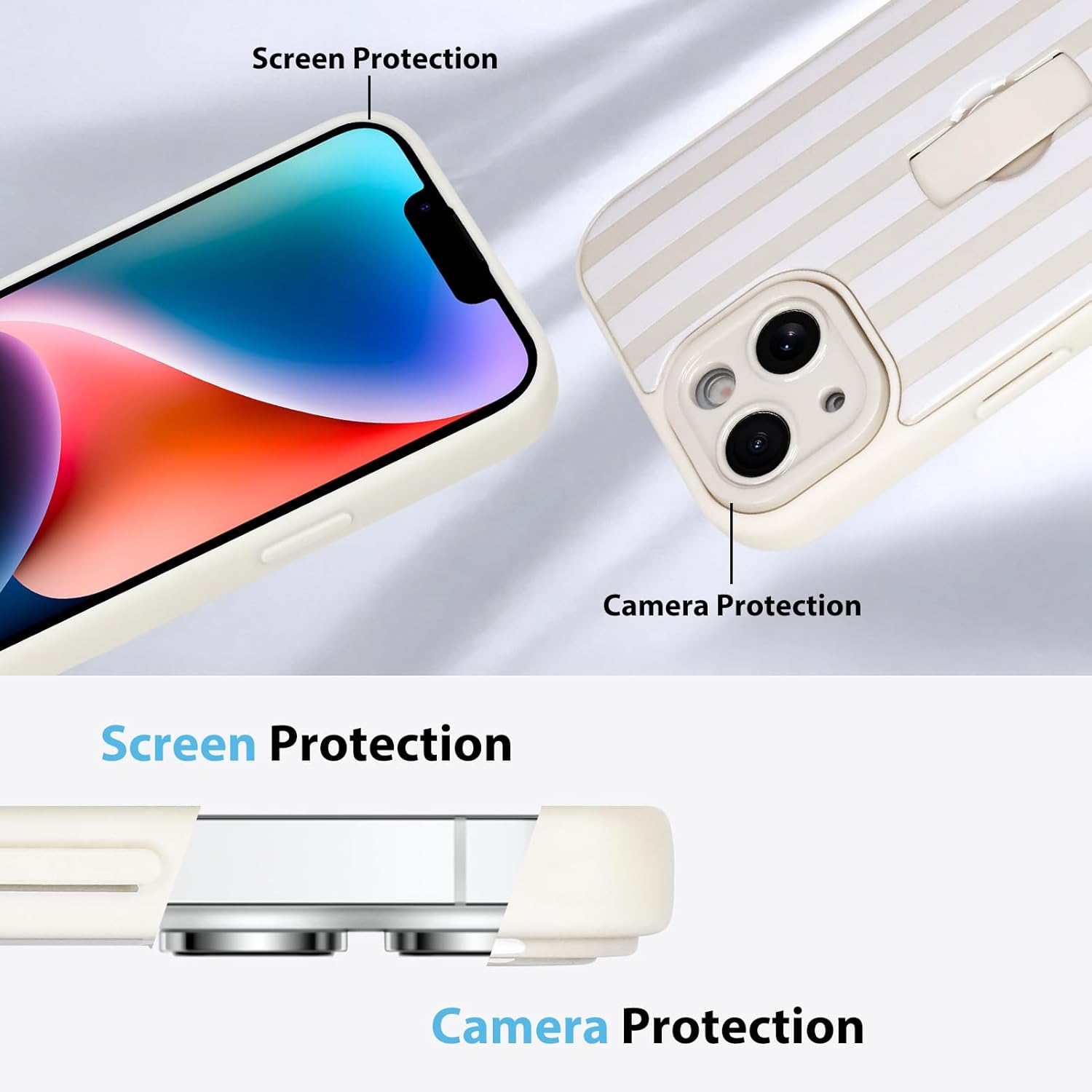 KANGHAR Compatible with iPhone 14 Case, Silicone Stripes Cute Pattern, Wristband Kickstand Camera Protection Soft Slim Cover for Girls Women -White - Image 5