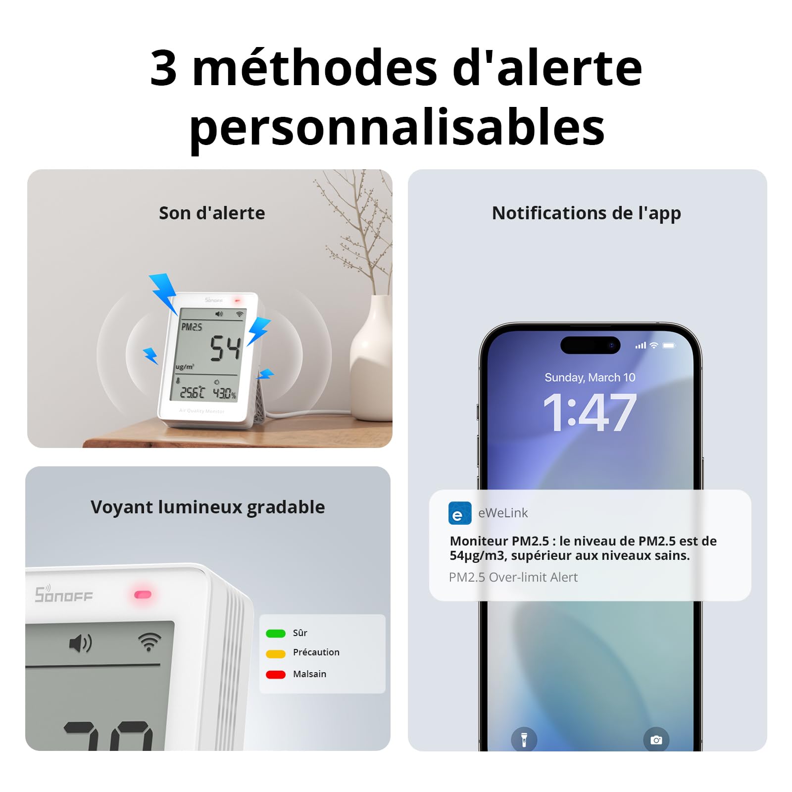 SONOFF Moniteur intelligent de qualité de l'air, PM2.5, détecteur PM10, temp/humidité, affichage en temps réel et alarme