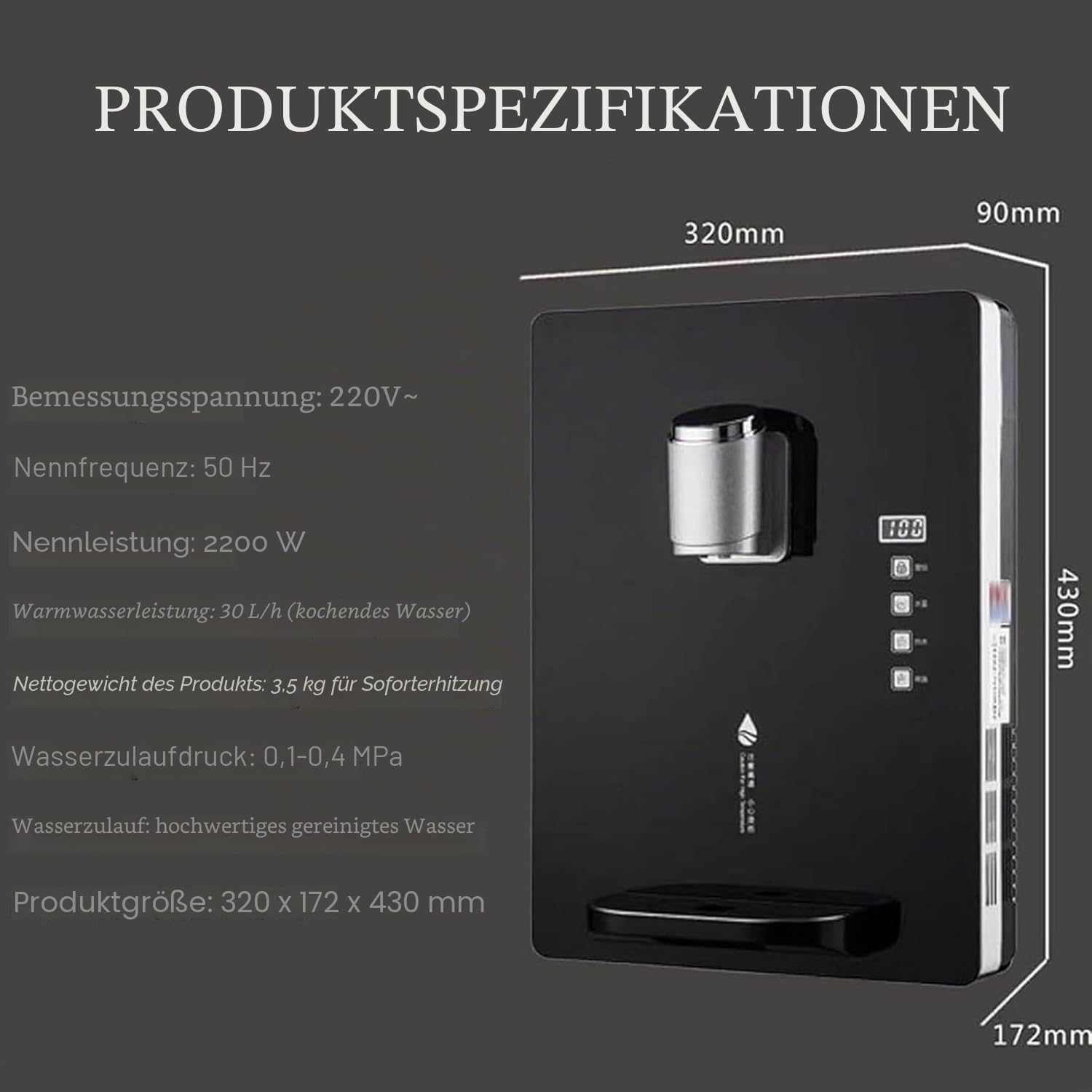 An der Wand montierter, netzgespeister Wasserspender, intelligenter Trinkwasserspender mit doppelter Temperaturregelung, 30 l/h Haushaltswasserkessel, drei Sekunden schnelles Aufheizen(Black)