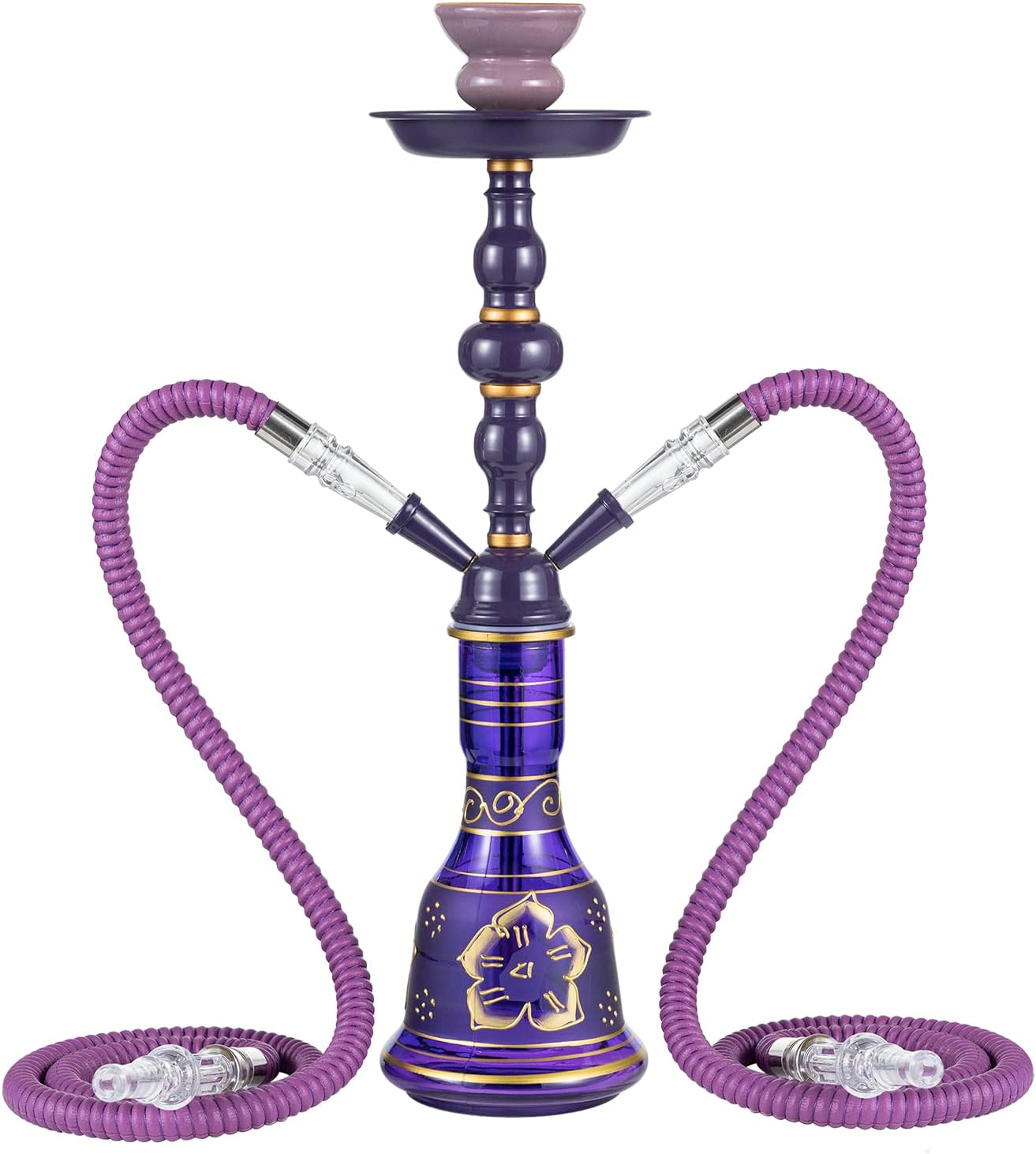 20" Hookah set - 2 Hose Premium Shisha Hookah Kit with Glass Vase, Ceramic Bowl and Coal Tongs Ashtray (Purple)