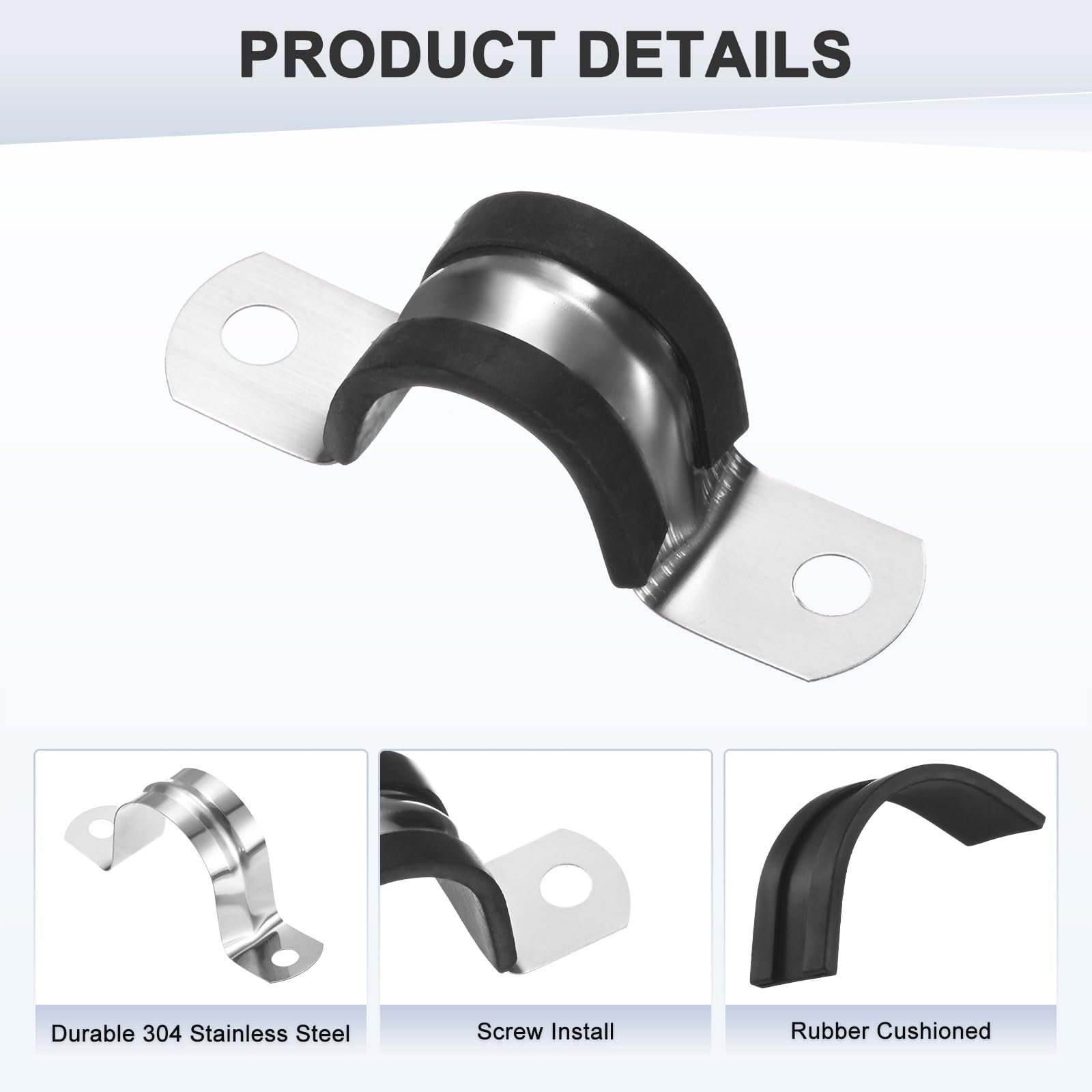 M METERXITY 10-Pack Cable Clamps, 23/32 Inch/ 18 mm 304 Stainless Steel Rubber Cushioned Insulated Cable Clamp U Shape Metal Holder for Tube/Wire/Pipe/Loop Installation - Image 2
