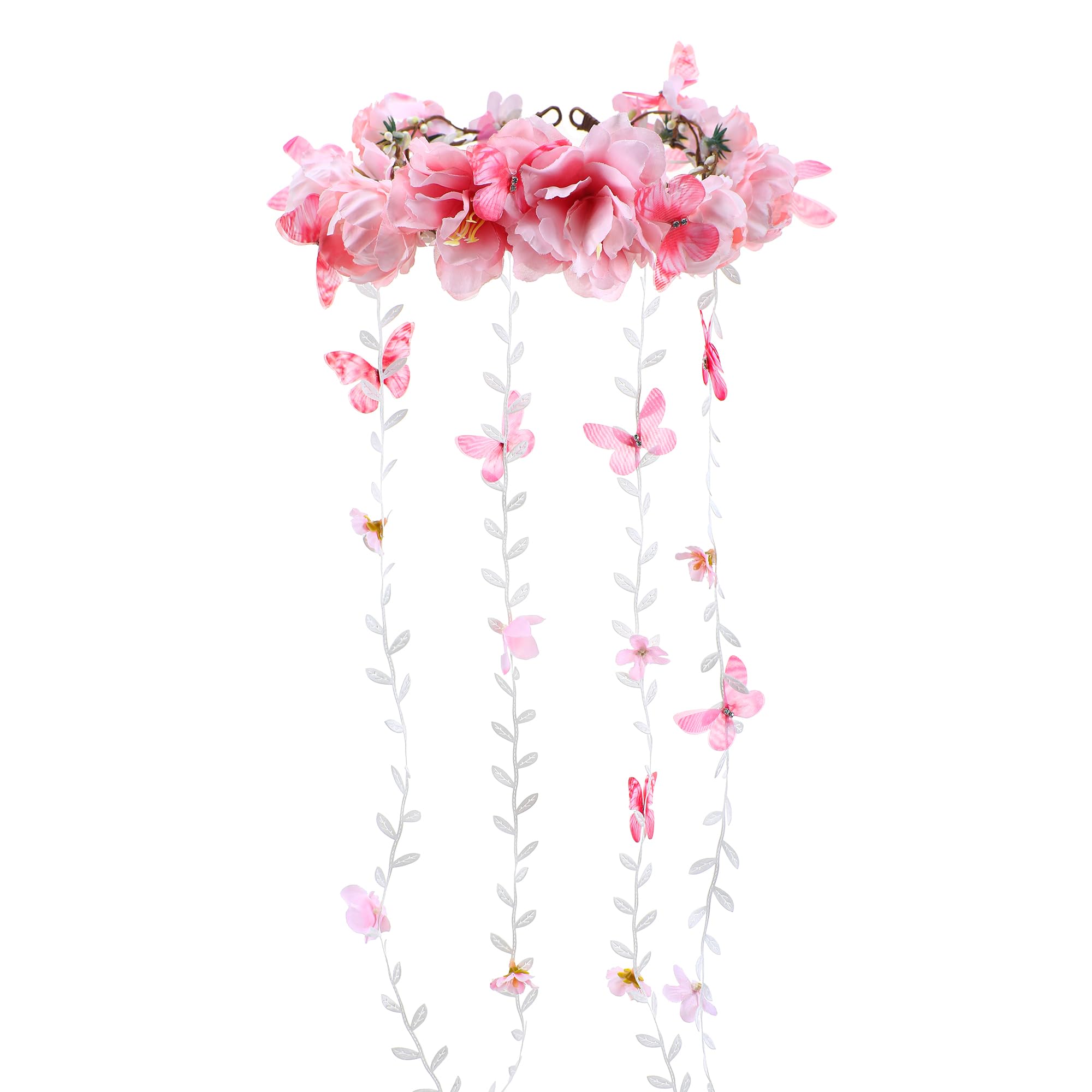 PartyforU Pink Flower Crown Headband for Women Floral Fairy Headpiece Bohemian Vine Flower Headband with Butterfly for Wedding Bridal Shower Party Renaissance