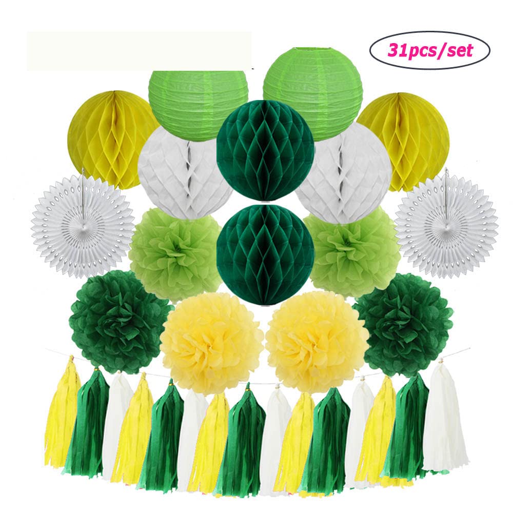 Zestaw papierowych lampionów, Fioletowy biały zestaw okrągły papierowy latarenka wentylator z chusteczek pompon frędzle na przyjęcie upominek ślubny wystrój(Green Set)