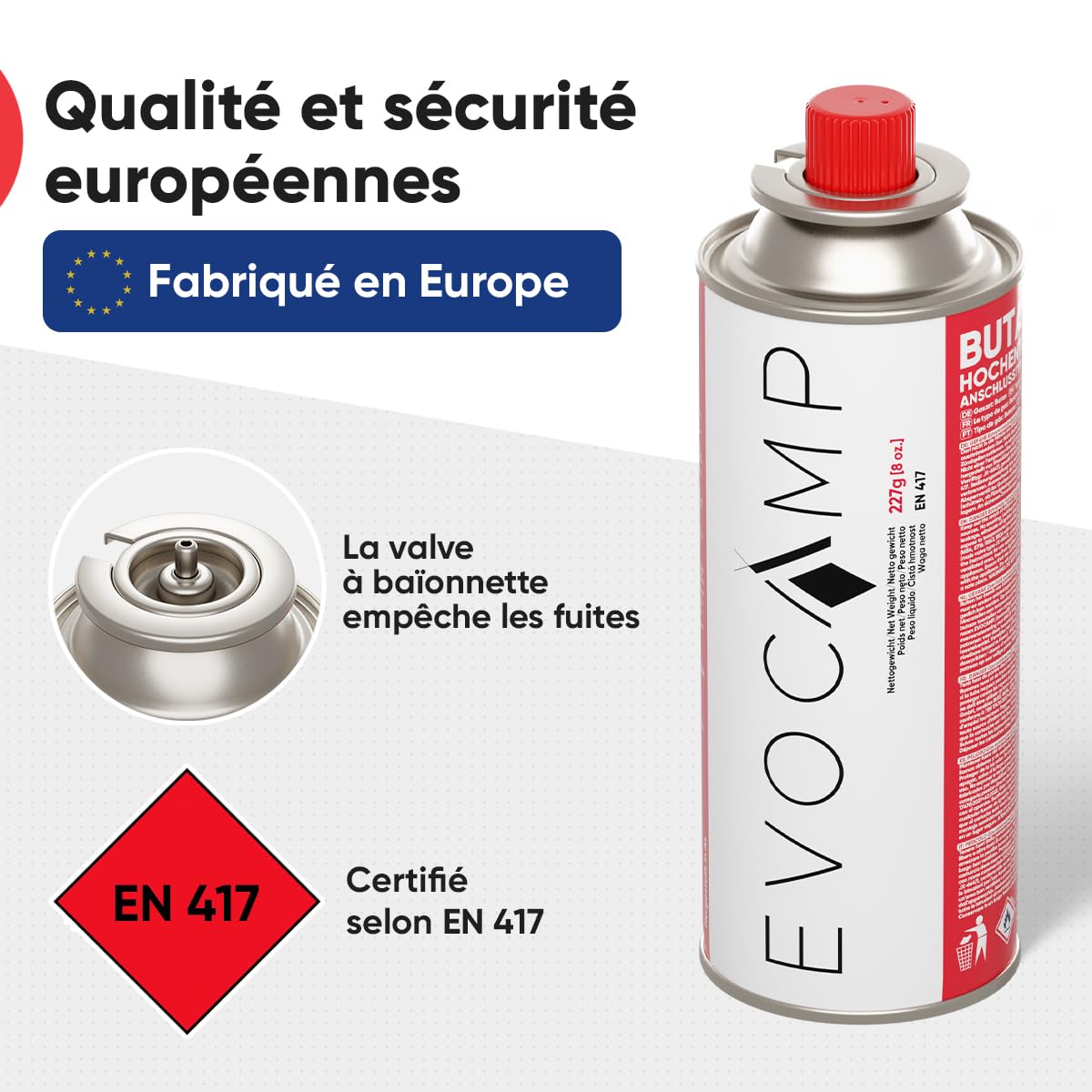 EVOCAMP Bouteille de gaz Butane Type MSF-1a Valve à baïonnette idéale pour réchaud Camping Chauffage au brûleur Mauvaises Herbes Cartouche Universelle sous Pression