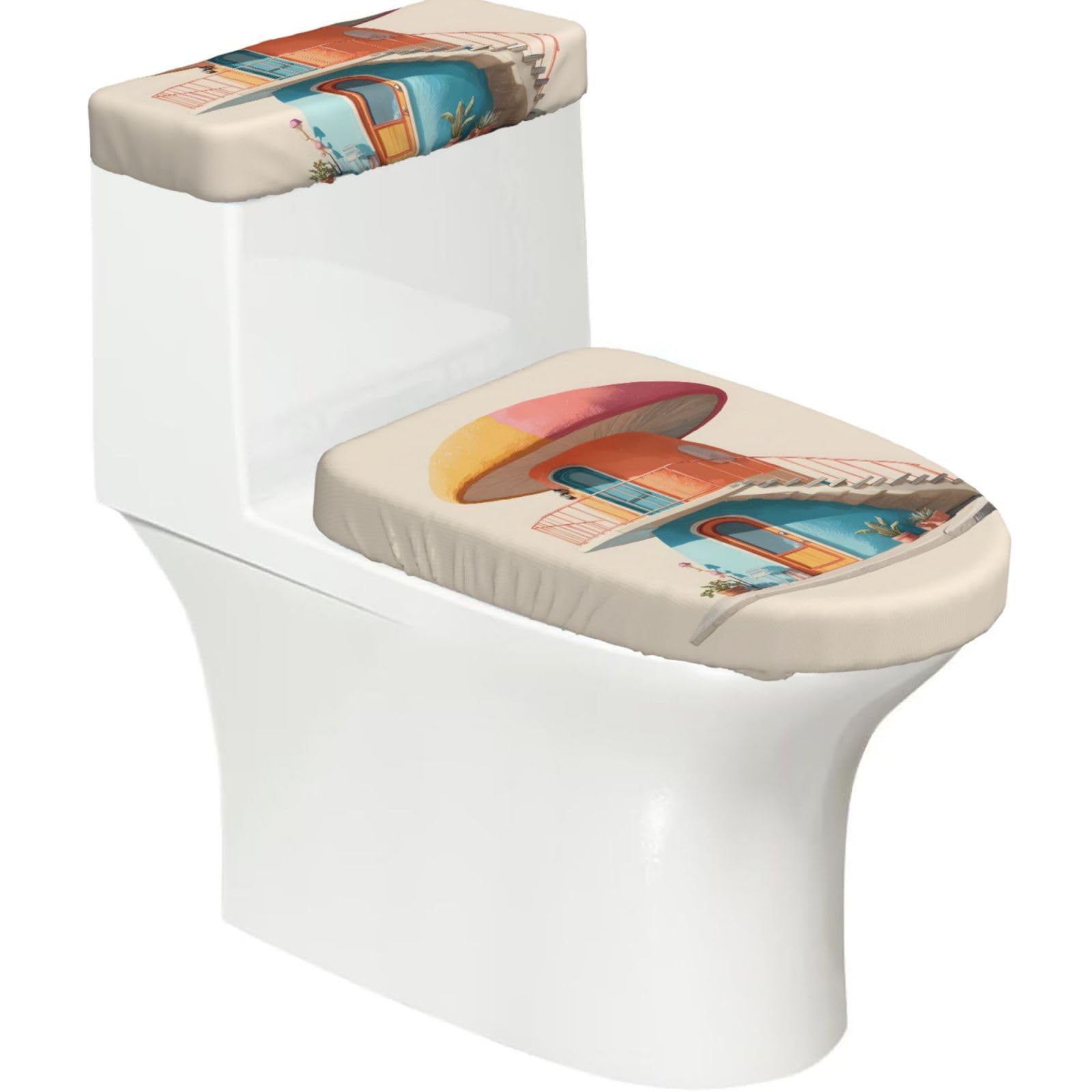 Colorful Mushroom House 2-Piece Toilet Seat Cover Set with Tank Lid - Elastic for U-Shape & Elongated - Bathroom Decor