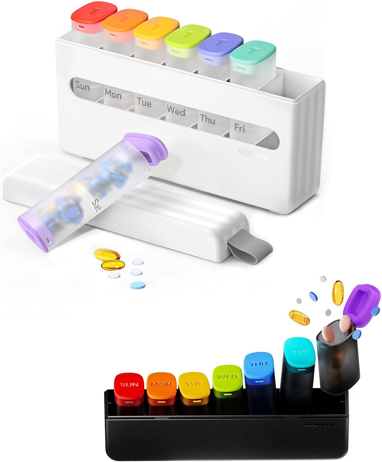 Weekly Pill Organizer Set - 1 Time / 2 Times a Day Travel Pill Box 7 Days, Large Medicine Pill Case Container for Daily Medication Vitamin Supplement Fish Oil, Portable Week Holder Dispenser