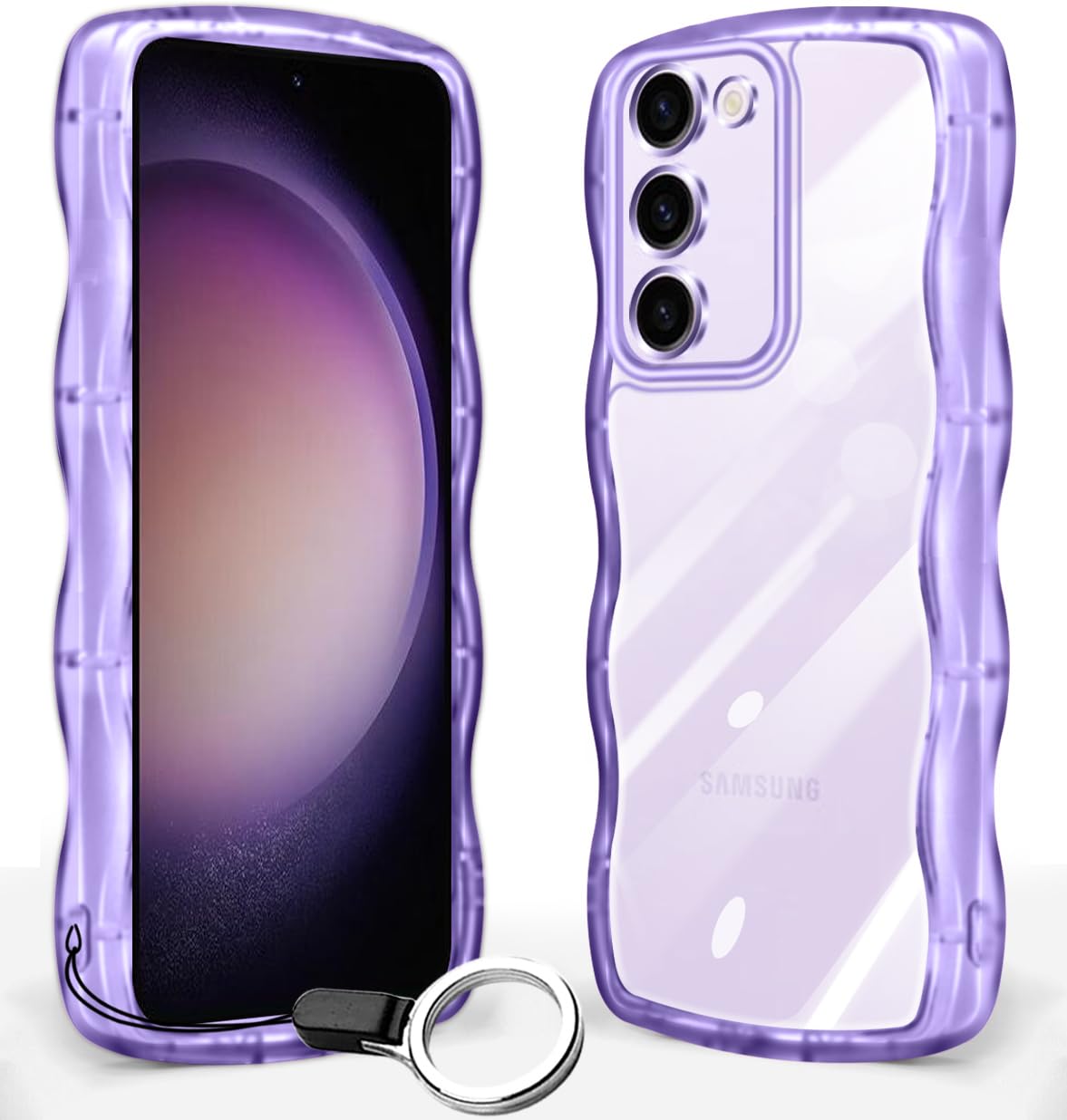 Samsung Galaxy S23 FE ケース クリア 波状フレーム グーグル ギャラクシー S23 FE カバー うねうね 耐衝撃 女性用 女子向け 人気 スマホケース 薄型 軽量 透明 TPU ワイヤレス充電対応 ストラップホール付 (パープル)
