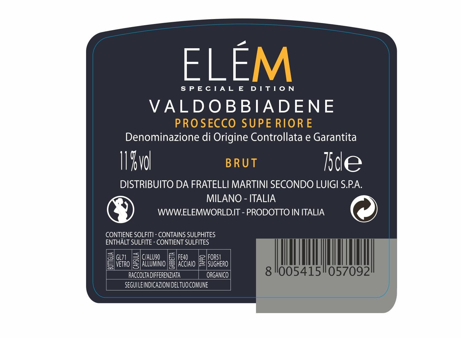 ELÈM Valdobbiadene D.O.C.G. Superiore Vin Petillant Italien - 1 Bouteille x 75 cl
