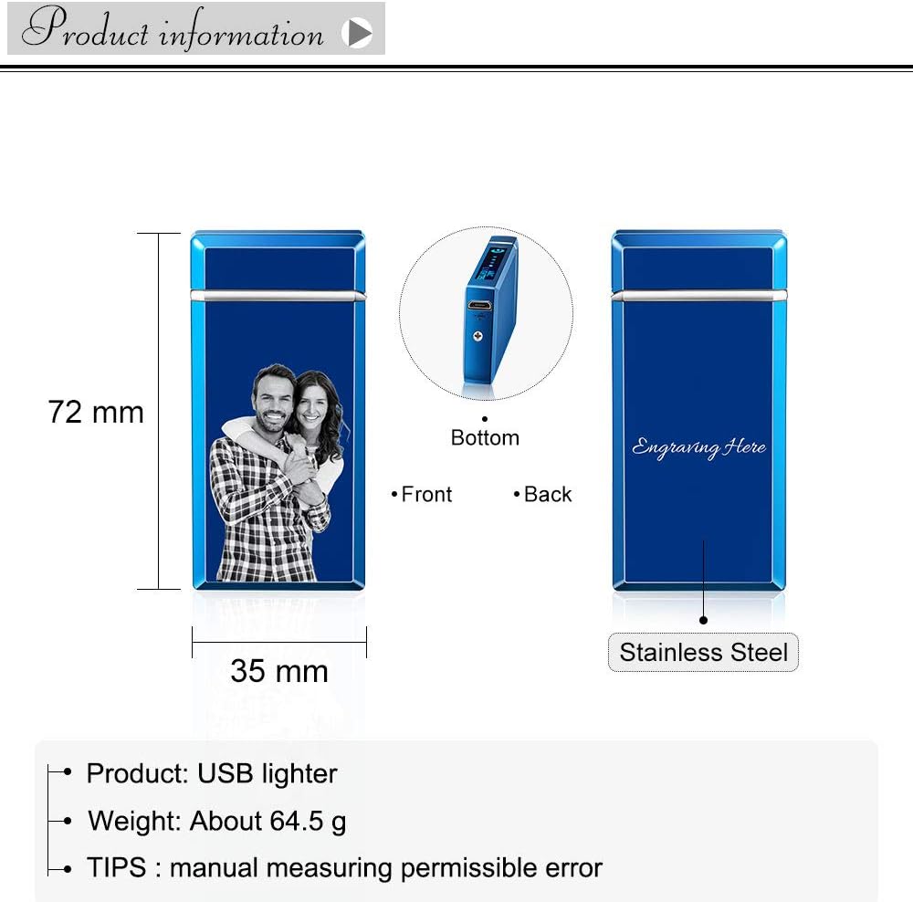 Personalized Picture Lighter Personality USB Lighter Custom Photo Lighter with Your Picture, Engraved Lighter USB Rechargeable for Camping Christmas Blue