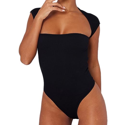 LovelyWholesale Women's Cap Sleeve Tube Bodysuit Cut Out Ribbed Knit Leotard Tops Black Small