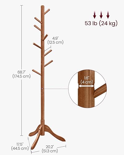 Miniatura 7 de VASAGLE Perchero de madera maciza, perchero en forma de árbol con 8 ganchos, 3 opciones de altura, para ropa, sombreros, bolsos, sala de estar,