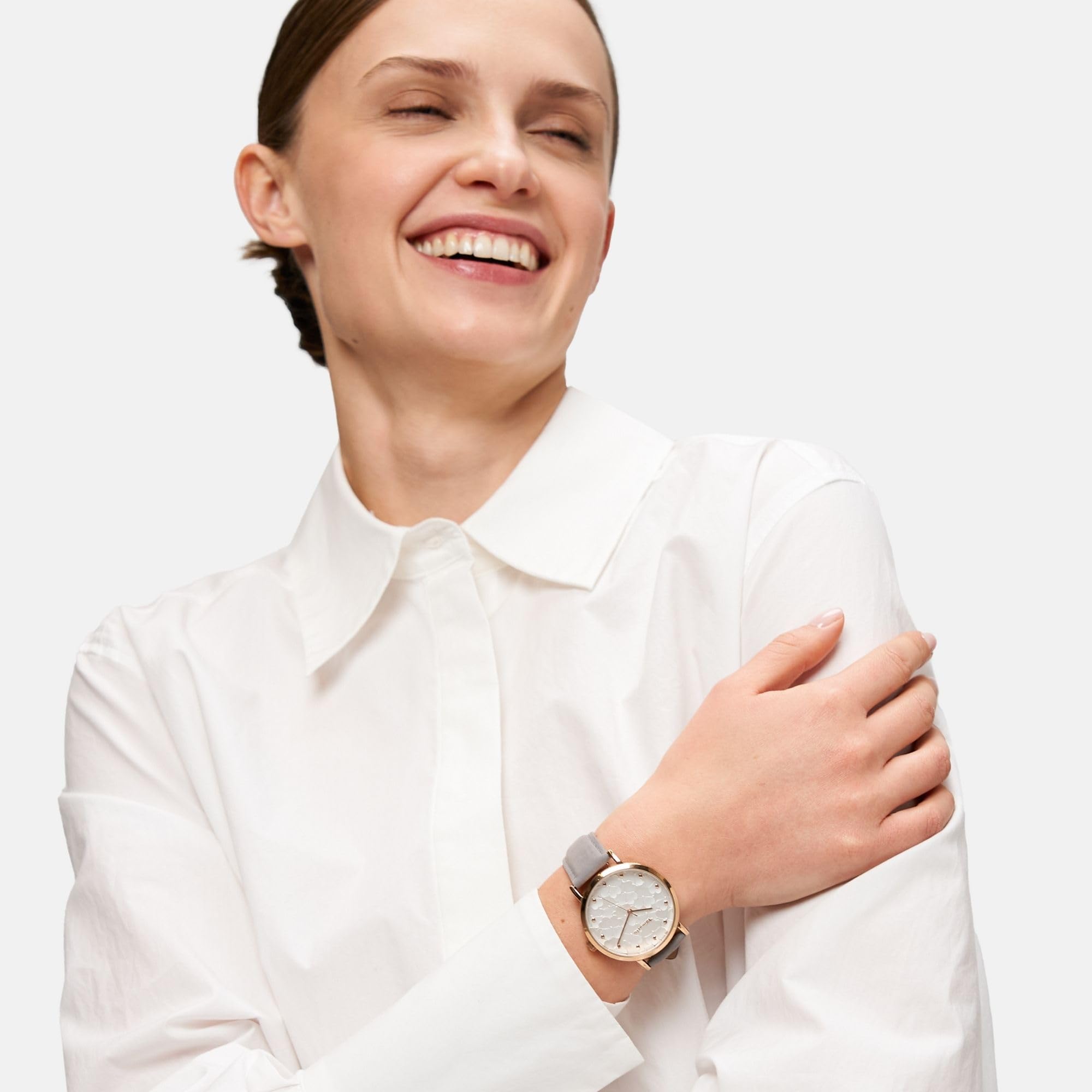 Tamaris Zegarek damski - zegarek na rękę dla kobiet analogowy 38 mm, Różowe złoto skórzana szara/liść koniczyny, Różowe złoto skórzana szara/liść koniczyny