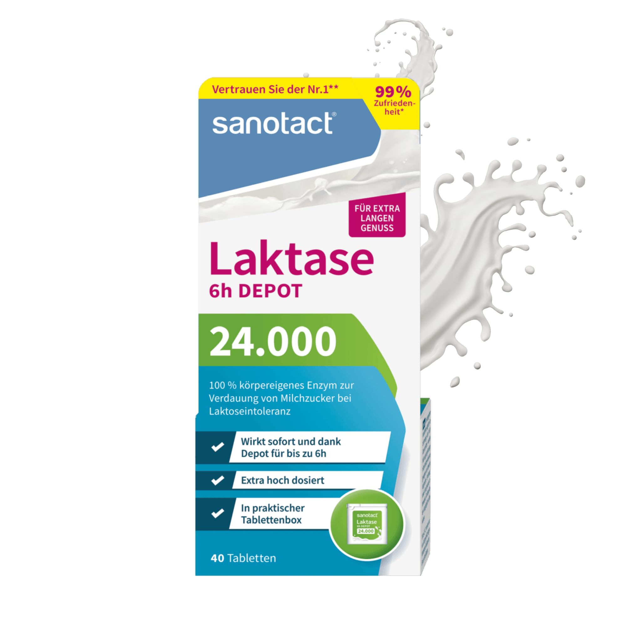 sanotact Laktase 24.000 6h DEPOT (40 Laktasetabletten) • Laktose Tabletten mit Depot-Wirkung • Bei Laktoseintoleranz & Milchunverträglichkeit • Sofortwirkung & 6h Langzeit-Depot