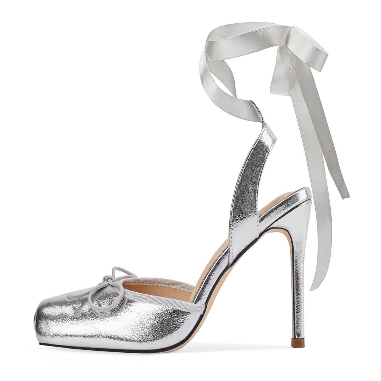 Vertundy Women's Satin Ballet Heels Lace Up Square Toe Stiletto High Bow Ballerina Heels: 6 Silver