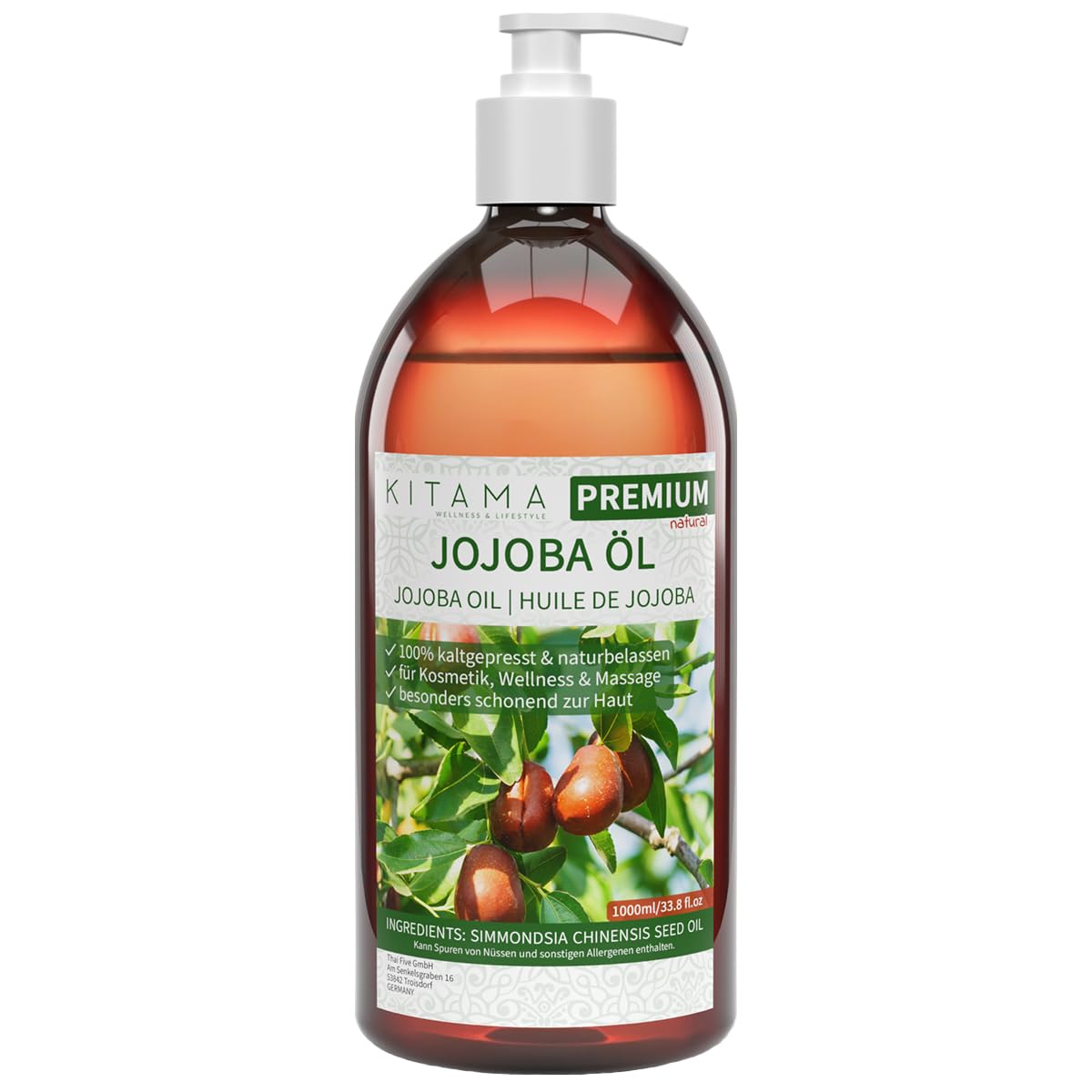 Kitama Olejek jojoba 1 l, tłoczony na zimno – 100% czysty olejek jojoba nadaje się do porostu włosów i brody – naturalny olejek jojoba do kosmetyków, miękkiej skóry, twarzy i mocnych paznokci, olejek