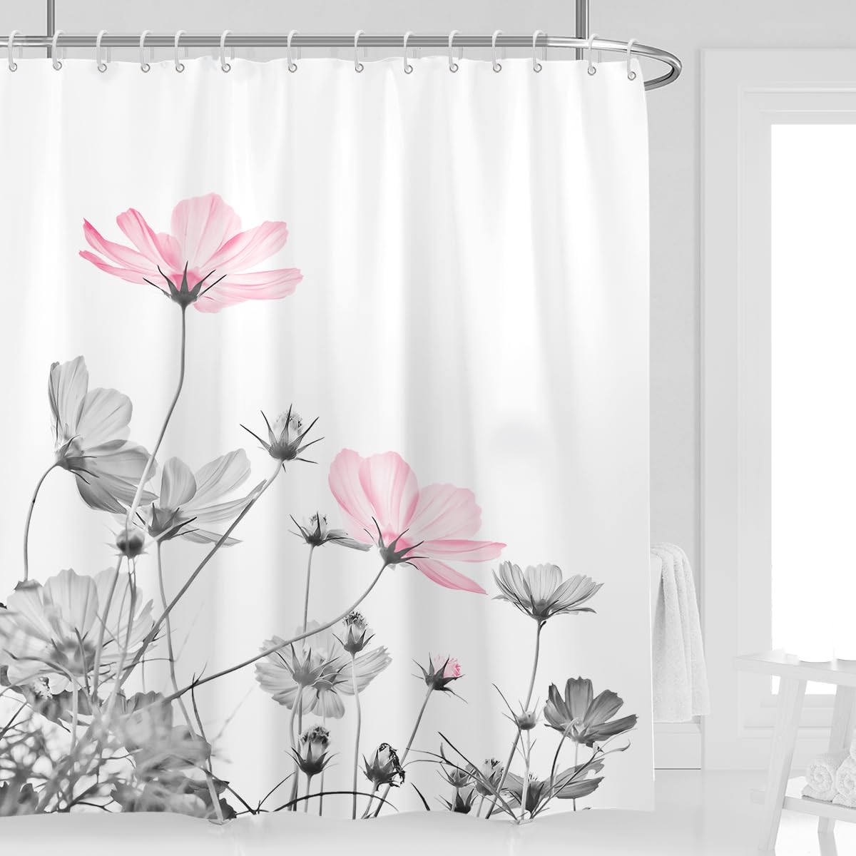 Kikiry Extra Long Shower Curtain 72''W x 84''L Tall Pink Gray White Grey Floral Flowers Wildflower Daisy Ink Painting Elegant Botanical Bathroom