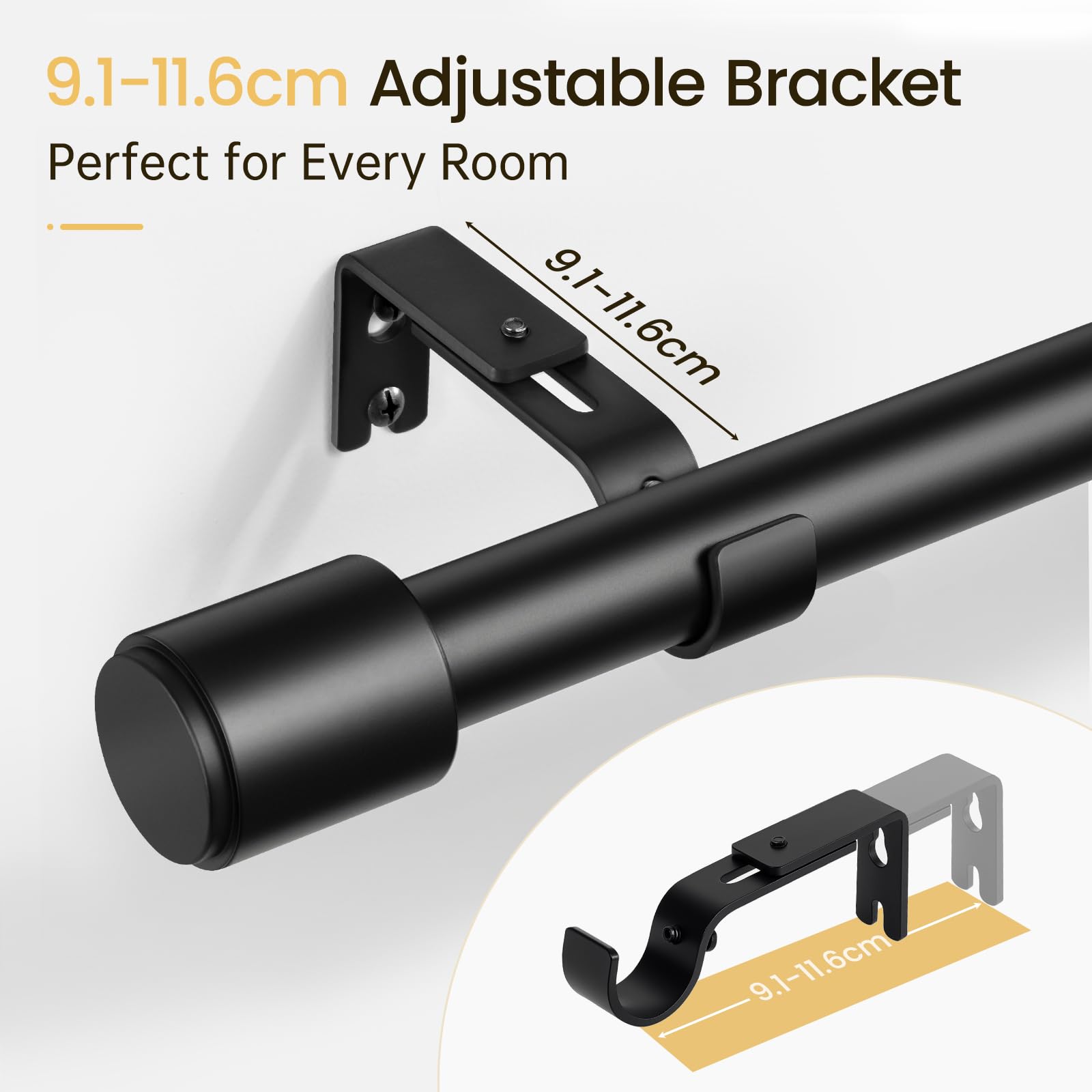 Gardinenstangen, 81 bis 366 cm, mattschwarz, Gardinenstange für Ösenvorhänge, 20 mm Durchmesser, lange Gardinenstange, ausziehbar mit Halterung, dekorative Gardinenstange für Schlafzimmer, Wohnzimmer