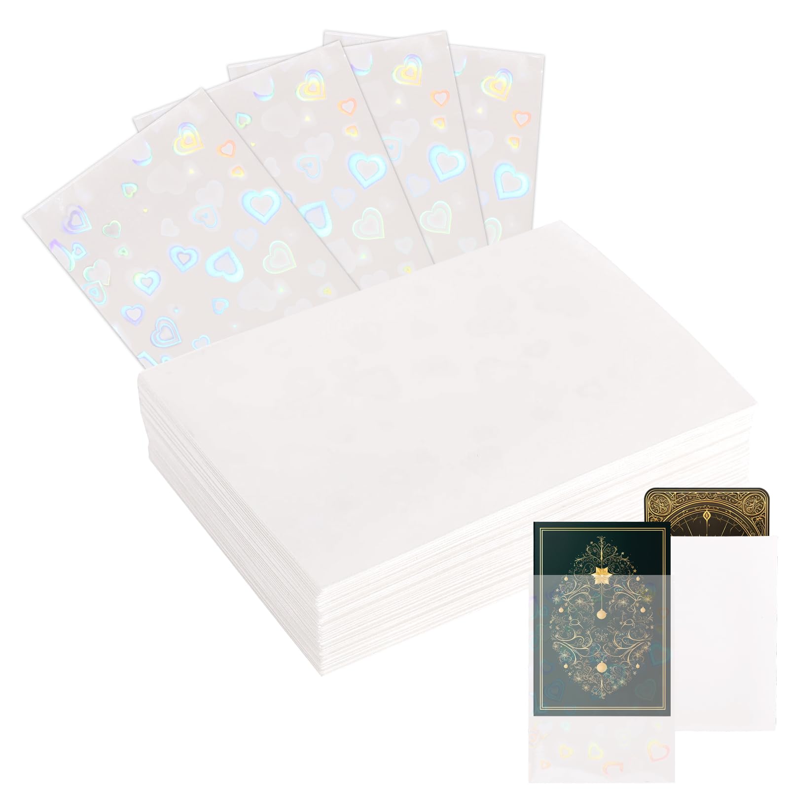 Penitue 300pcs Photocard Sleeves, Holographic Foil Cover (White Heart)