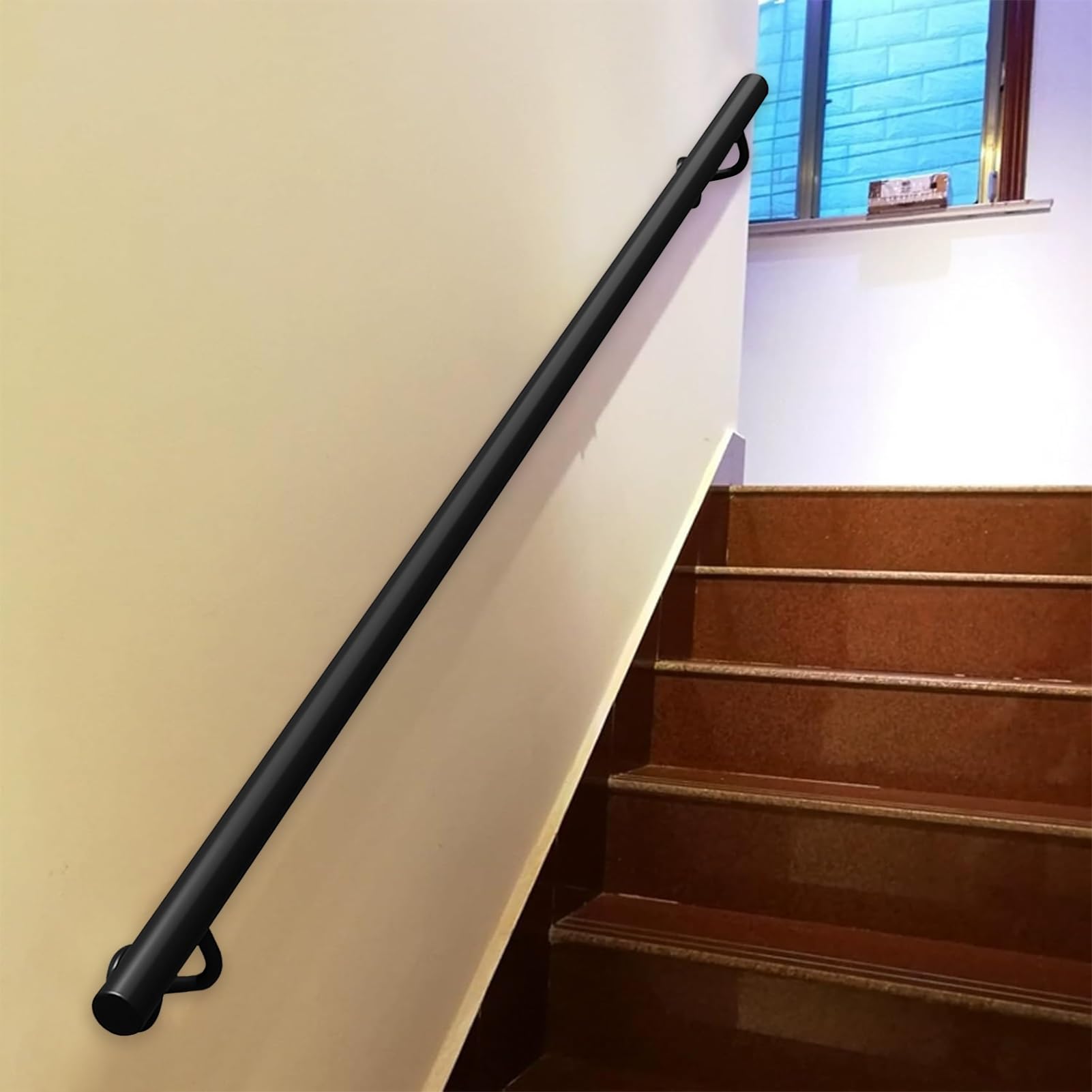Gyeqxkt 20Ft Wall Mounted Stair Handrailsnonslip Round Pipe Railing For Indoor/Outdoor Useblack Wrought Iron Grab Bar For Elderly & Children Safety (15Ft/450Cm)