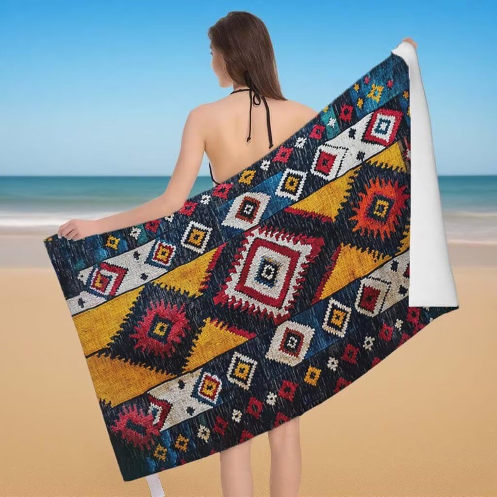 Toalla de Playa Grande 220x100cm/35x70cm, Juego de 2 Toalla Microfibra XXL de Antiarena, Toallas Playa Suave Ligera, Absorbente Secado Rápido, Beach Towel Viaje Yoga, Regalo Mujer Hombre (India) E-82