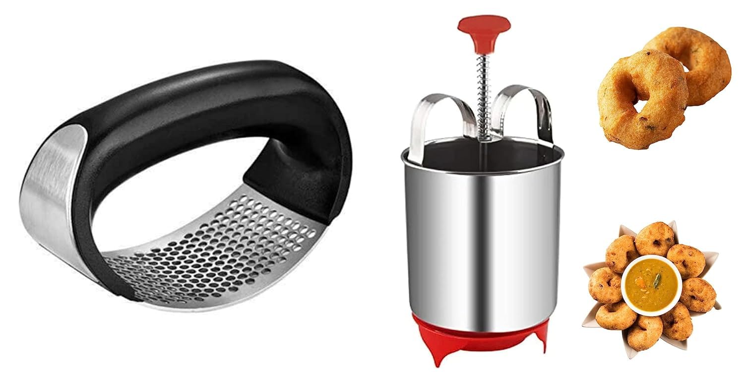 Perfectly Shaped and Crispy Mendu Vada Maker: The Ultimate Medu Vada Maker Machine Medu Vada and Donut Maker Stainless Steel for HomemadeFREE Stainless Steel Garlic&Ginger Presser