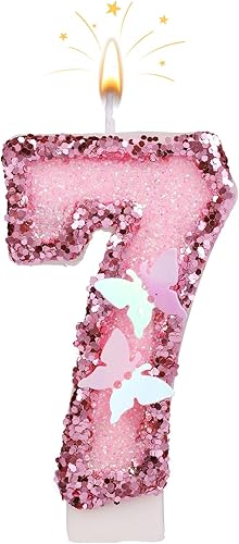 Velas de números de cumpleaños de 2.7 pulgadas, velas de números rosas para decoración de pastel, velas de cumpleaños de mariposa con lentejuelas y