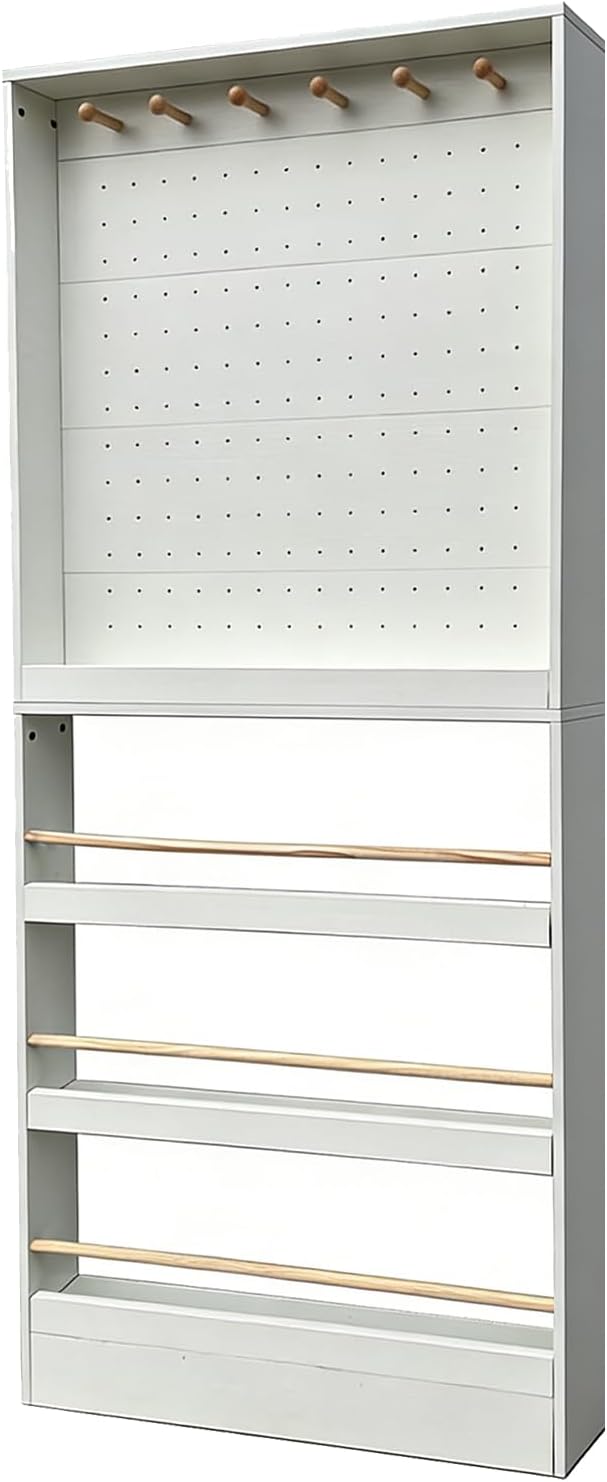 Behind The Door Bookshelf, 4/6/8 Inch Width Options Hidden Storage Organizer, with Perforated Board Wooden Display Storage Organizer, for Books Decor More-White-19.7×8×70.1"