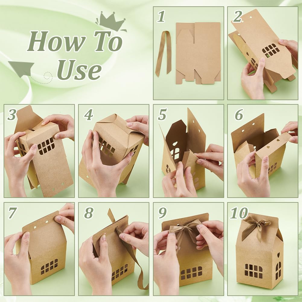 AHANDMAKER 20 Stück Geschenkboxen Aus Papier In Form Eines Hauses Mit Schleife Und Hellbraunem Polyesterband Geschenkverpackung Für Hochzeiten Dekoration Ausgefallene Boxen Für Partygeschenke