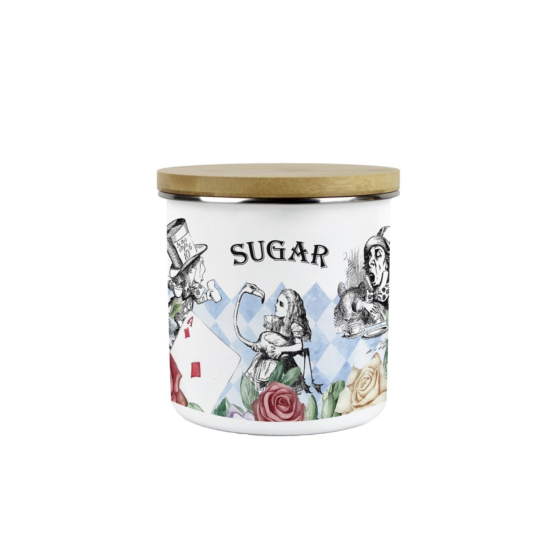 Purely Home Alice's Adventures in Wonderland Sugar Canister - Cartoon Characters White Rabbit & Mad Hatter Kitchen Gifts - Medium Metal Enamel Container 600ml