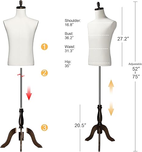 Miniatura 9 de Bonnlo Forma de vestido masculino, maniquí masculino con trípode de madera, cuerpo de torso de altura ajustable para exhibición y costura (seda)