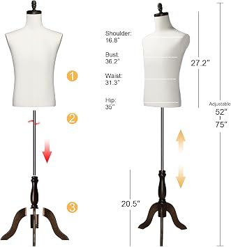 Bonnlo Male Dress Form, Male Mannequin with Wooden Tripod Stand, Adjustable Height Torso Body for and Display and Sewing (Cotton)