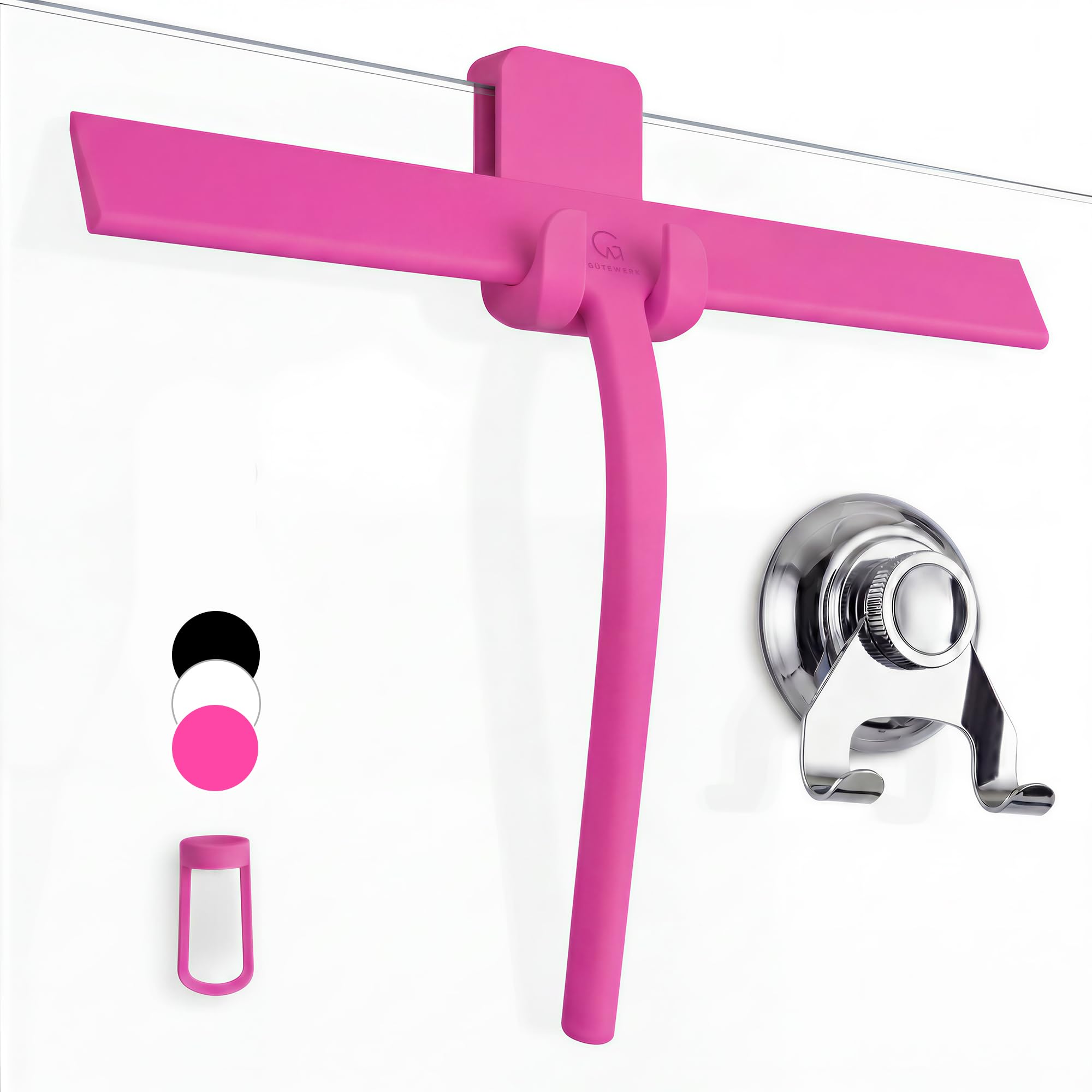 GÜTEWERK Silicone Shower Squeegee with 3-in-1 No-Drill Mount, Pink, 15''