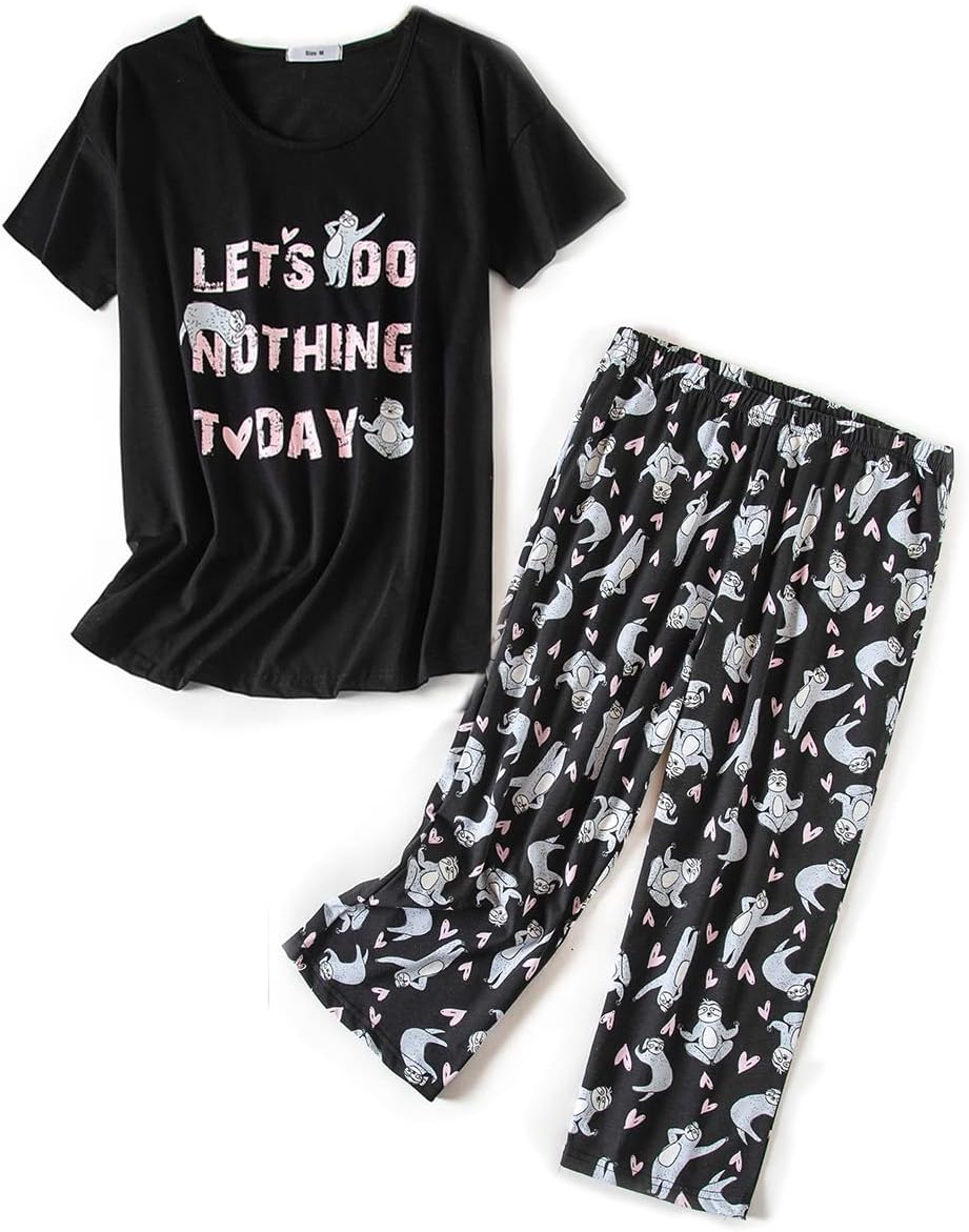 CHUNGWomens Pyjama Sets Short Sleeves Cropped Bottoms Loungewear Ladies Cotton Blend Pjs set with Funny Print UK Size 8-30