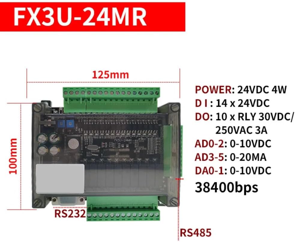 DollaTek FX3U-24MR PLC with dimensions indicated