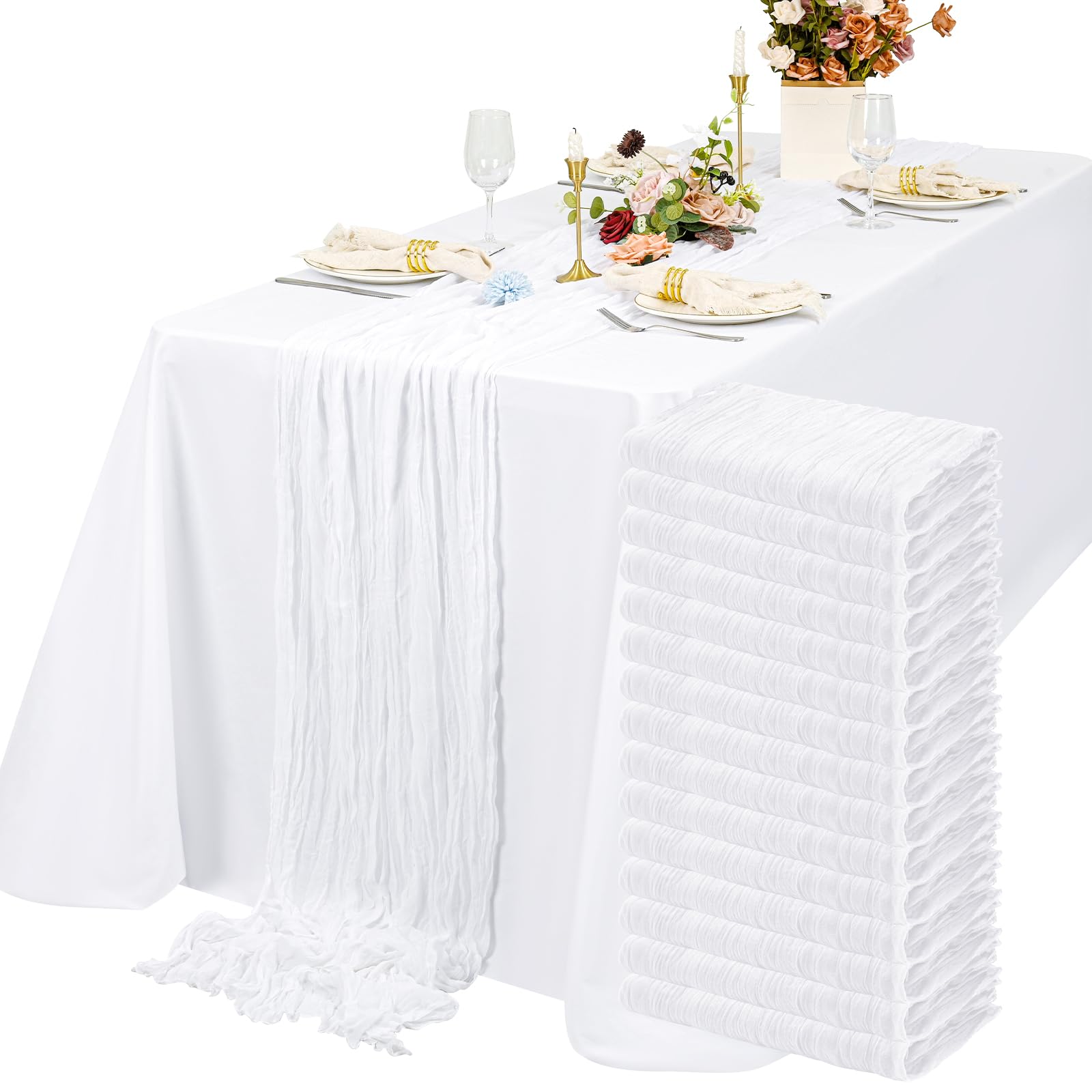 Chemin de table en étamine de qualité supérieure blanc 3m pour réception raffinée