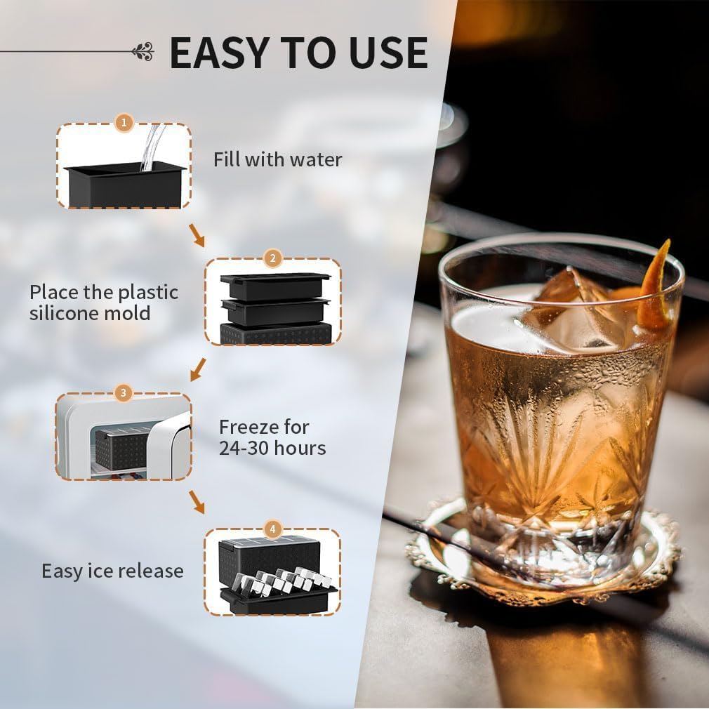Clear Ice Cube Tray for Whiskey: 2Inch Clear Ice Cube Maker - Silicone Large Ice Cube Tray - Square Ice Tray for Bourbon Old Fashioned Whisky (Square)