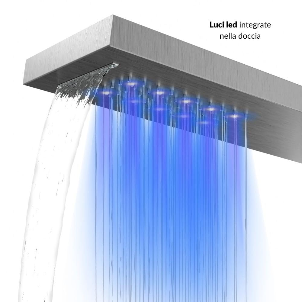 Colonna Pannello Doccia Shine-1 Cromo 4 Funzioni Luce LED Relax Display Temperatura Cromo 3 getti lombari 2 cascate d'acqua Soffione Anticalcare