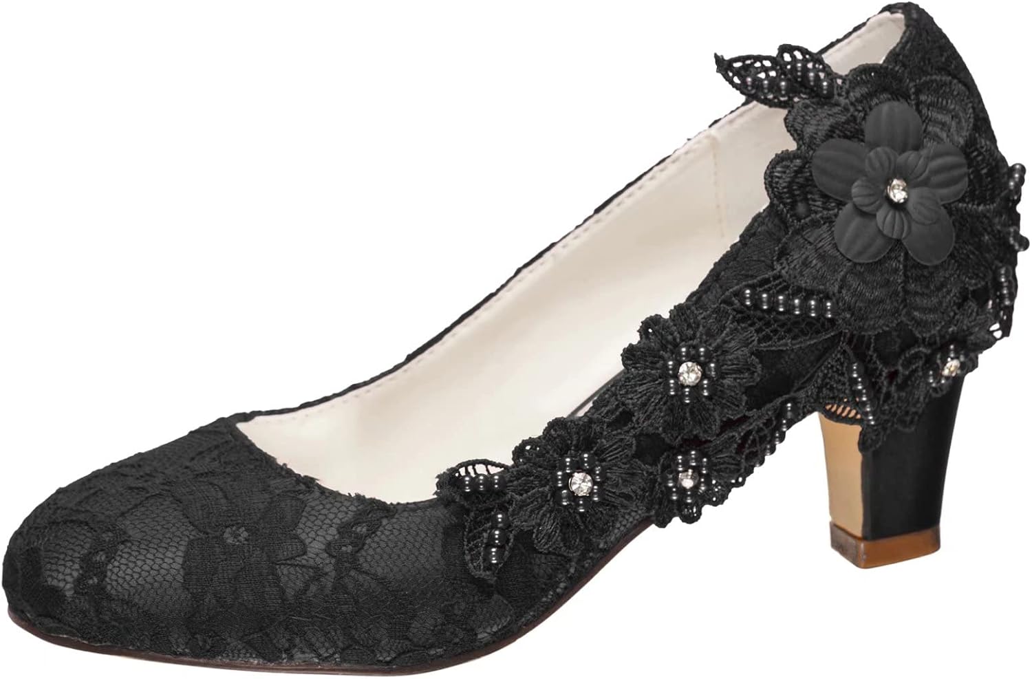 Emily Bridal Wedding Shoes Women's Silk Like Satin Chunky Heel Pumps with Stitching Lace Flower Crystal Pearl