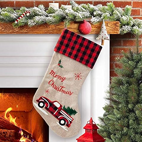 XAMSHOR Burlap Linen Christmas Stockings 21 Inch Embroidered Truck with Red and Black Buffalo Plaid Cuff for Gift Holders Holiday Decorations Cover