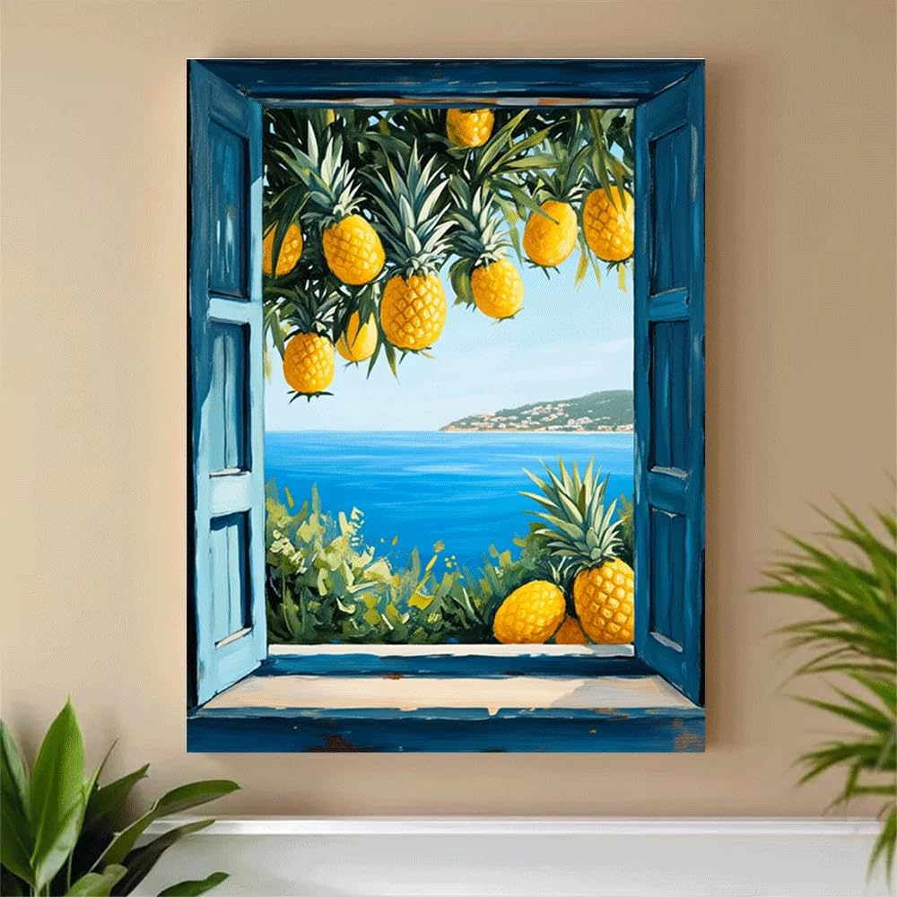 GKUVBF Tableau sur toile « Fenêtre côtière », motif ananas tropical et vue sur l'océan, scène estivale de nature, décoration intérieure de style ferme (60 x 80 cm/cadre intérieur)