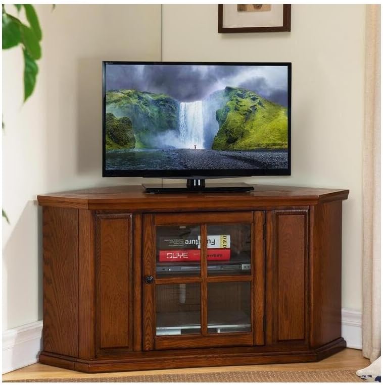 HomeStock Urban Upmarket Door Corner TV Stand, Burnished Medium Oak, 20" L x 46.75" W x 24.25" H - Stylish Corner TV Stand for Compact Spaces image 5