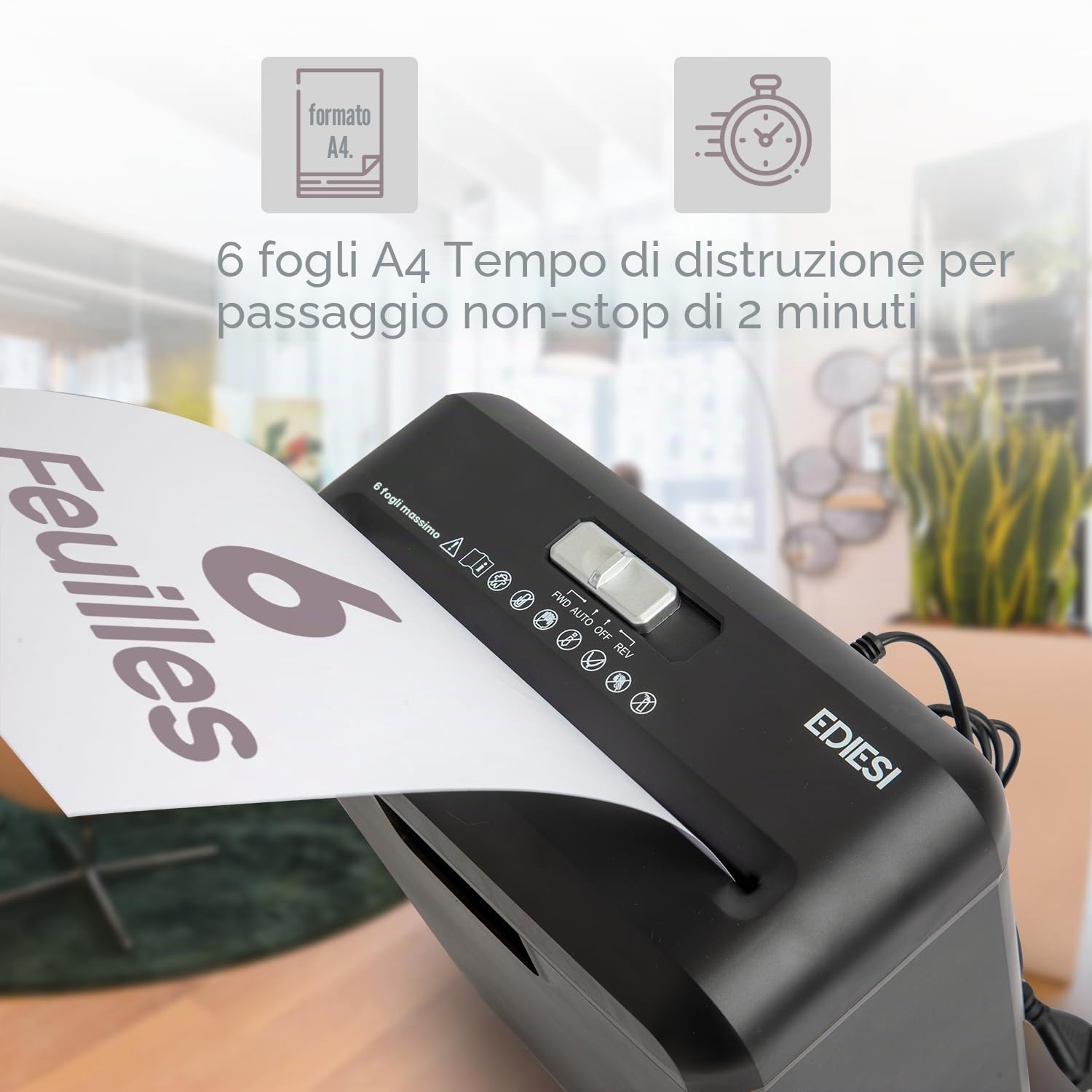 Ediesi, Distruggi Documenti, per Casa, Ufficio, Tritadocumenti, fino a 6 fogli, per carte di credito, CD e DVD, portatile con cestino da 10 litri