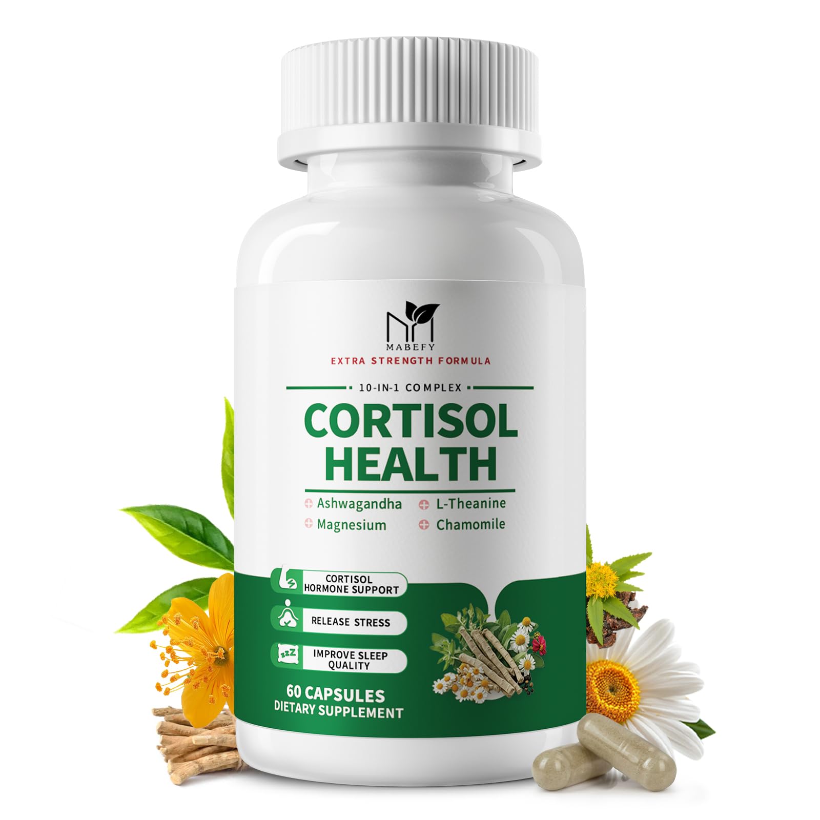 Cortisol Supplements for Women/Men - 10 in 1 Cortisol Manager Reducer Lower Detox Balance with Magnesium, Ashwagandha, L-Theanine for Stress, Sleep, Calm, Mood Support - 60 Capsules for 30 Days