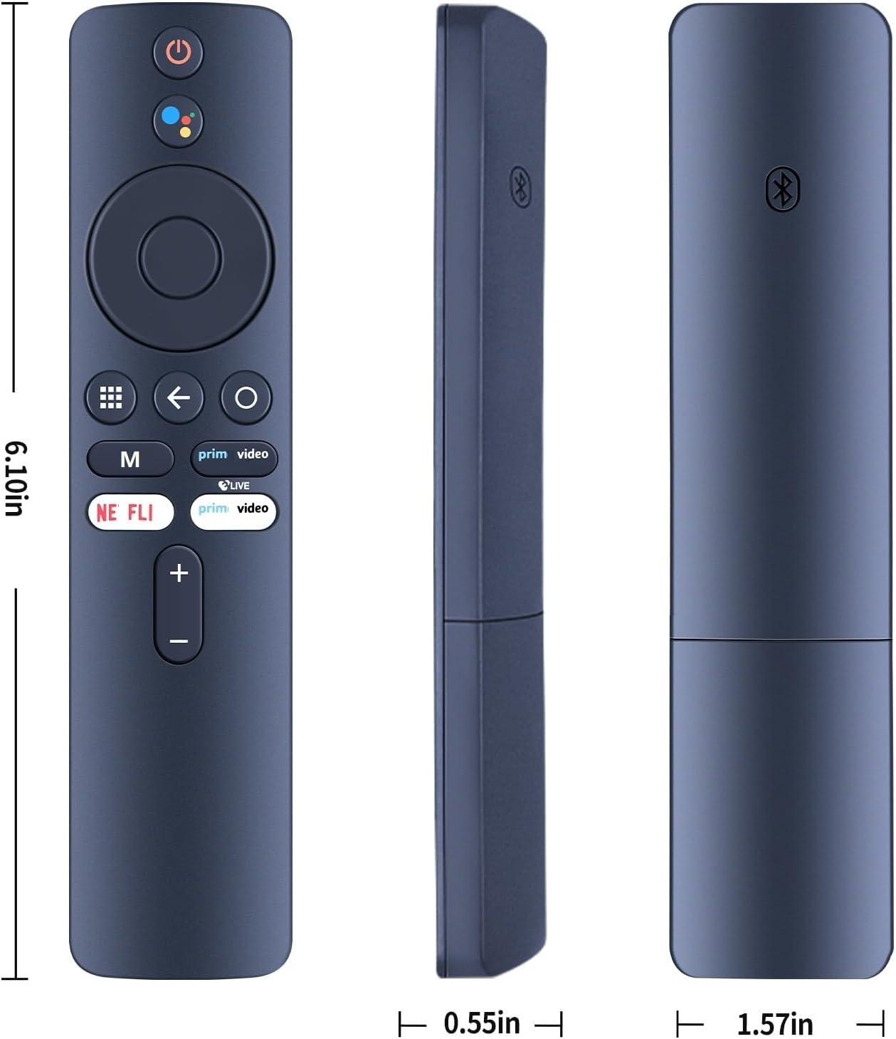 Diagram showing the dimensions of the remote control: 6.10 inches length, 0.55 inches thickness, 1.57 inches width