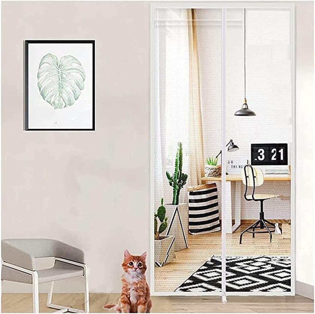 Magnetische Katzenklappe Tür mit Fliegengitter, Weiß, ohne Bohren, 2 Stück, mehrere Größen (90 x 210 cm), ideal für Haustiere und Insektenschutz