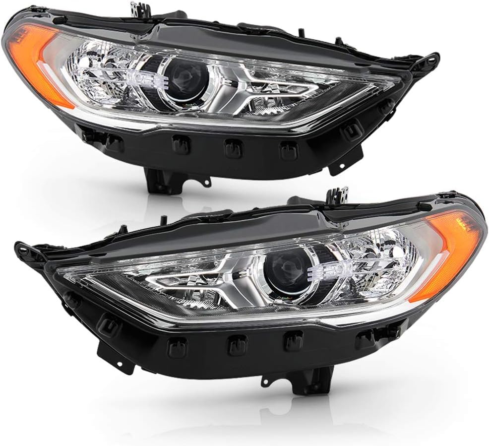 Headlights Assembly with bulbs Compatible with 2017 2018 2019 Ford Fusion Headlamp Replacement Chrome Housing Clear Lens Pair