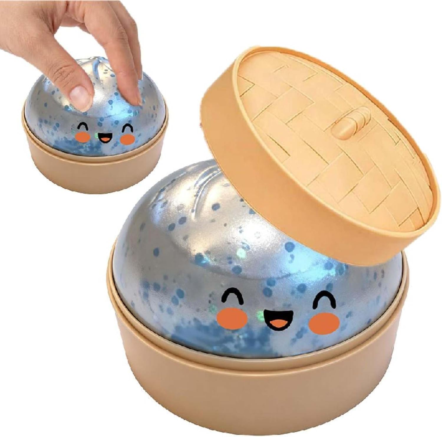 Realistic Dumpling Squishiy Stress Ball with Steamer, Glitter Squeezze Sensory to-y for Anxiety Relief, Soft Dough Bun Fidget, Unique Wooden Spoon, Christmas Holiday Prank Gag Gift (Color B)