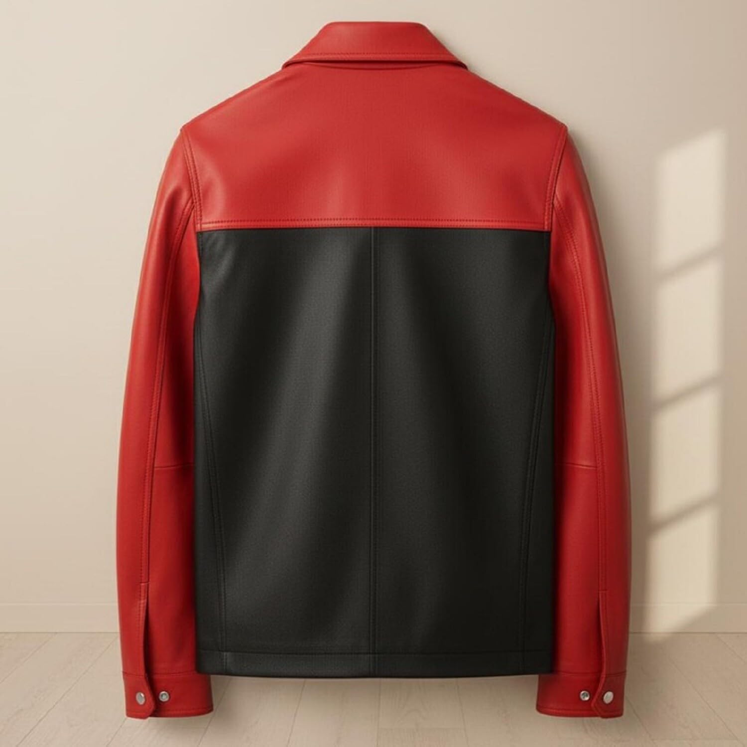 Chaqueta de cuero de alta calidad para hombre, color block rojo y negro, abrigo bomber con cremallera completa